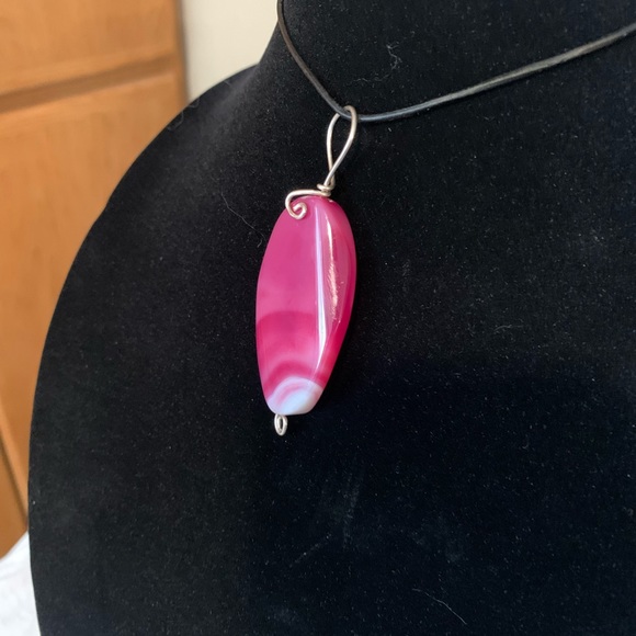 Handmade Leather Necklace/Pendant Accented Sterling Silver & a Large Pink Agate - Picture 3 of 3